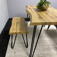 Wooden Dining Table and 2 Benches Set With Metal Hairpin Legs for Dining Room, Work, or Study