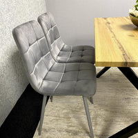 Modern Dining Table Set with Padded Bench and 2 Grey Velvet Chairs – Wood Effect Tabletop with X-Shaped Metal Legs – Stylish Kitchen or Dining Room Furniture