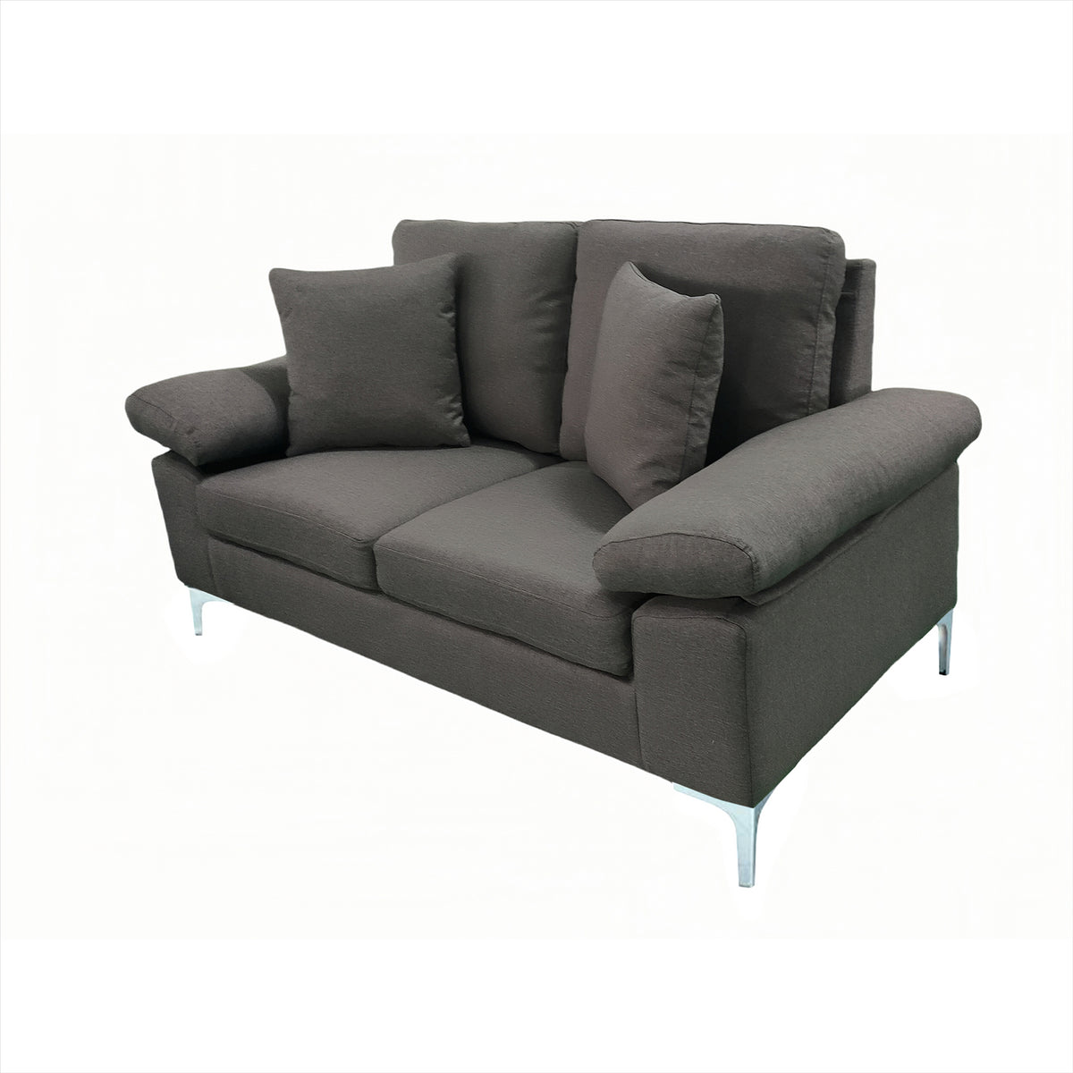 Modern Two Seater Sofa Grey Fabric with Chrome Feet - Comfortable Couch with Cushion for Living Room, Bedroom or Office
