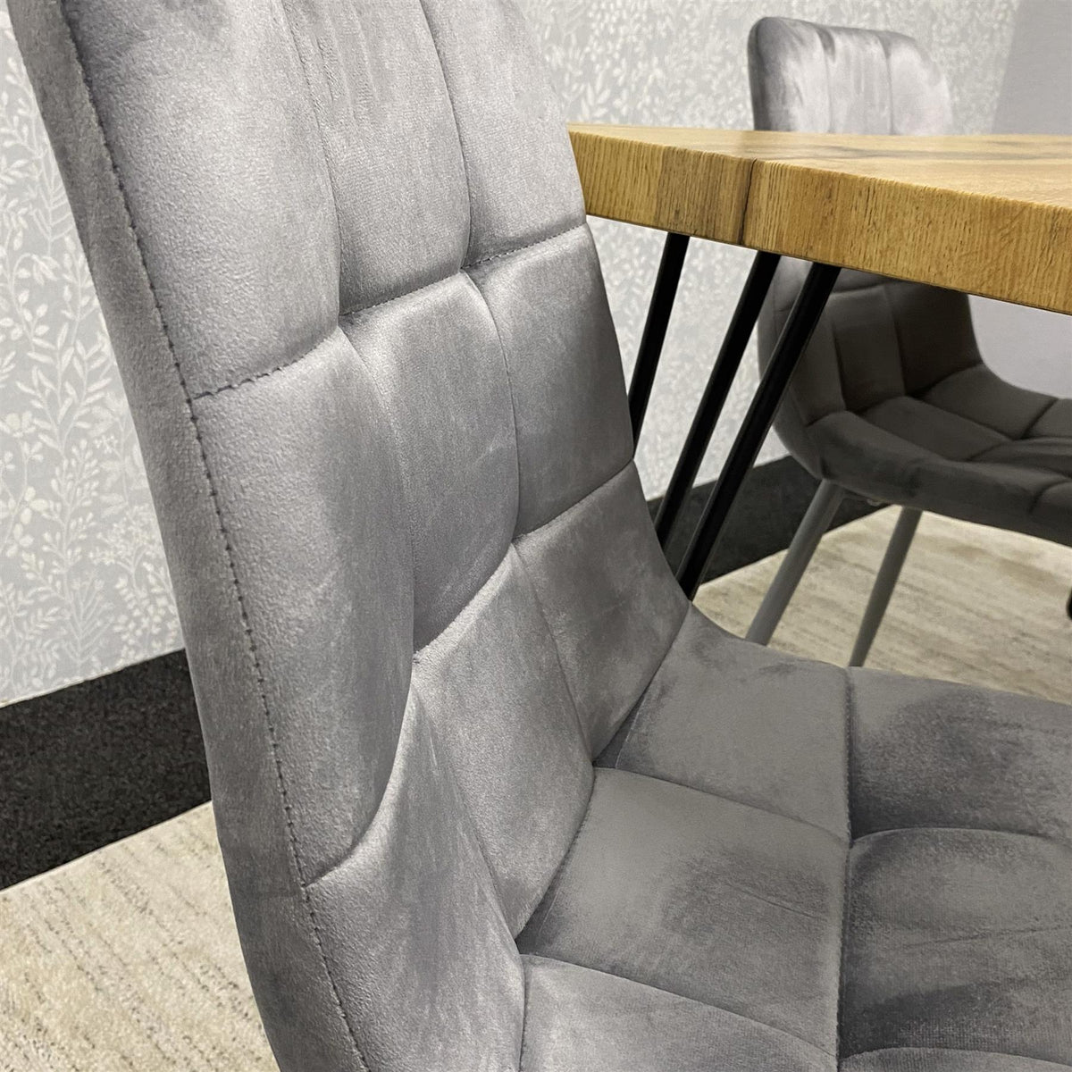Wooden Dining Table and 4 Grey Velvet Chairs - Stylish Dining Room Furniture
