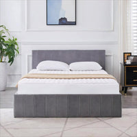 Ottoman Bed Gas Lift Storage Grey 4ft Small Double and 1 Mattress Line Pattern Velvet Bedroom