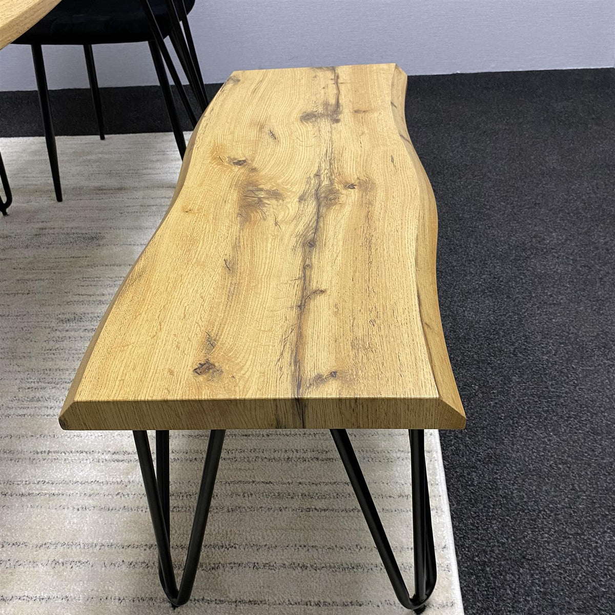 Wooden Dining Table with 2 Benches and 2 Black Velvet Chairs