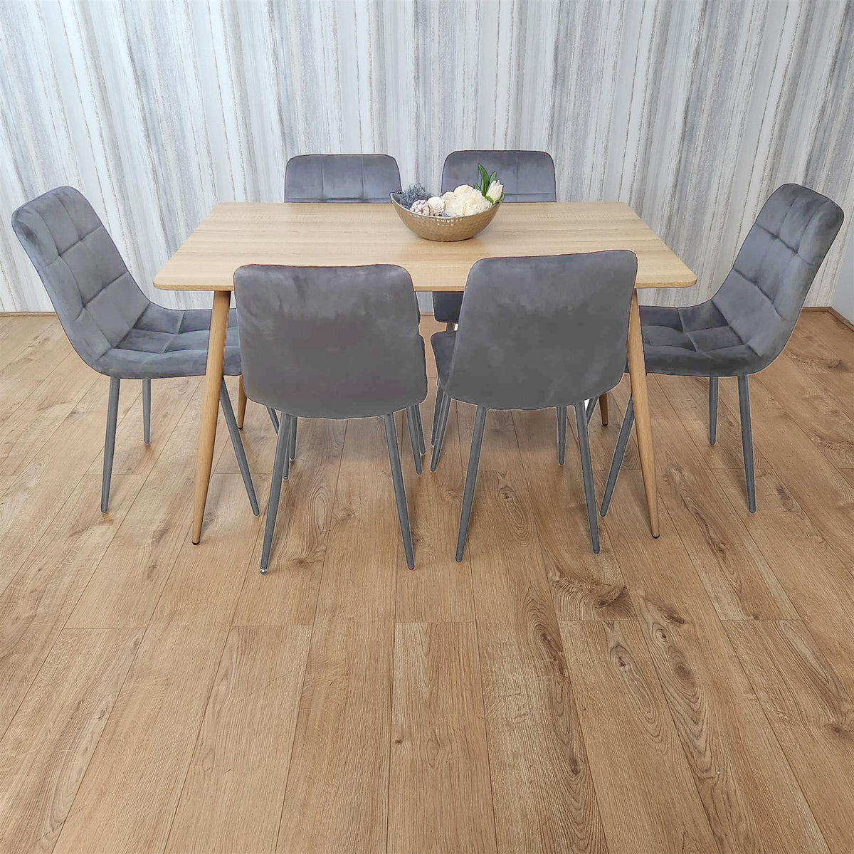 Beige Oak Design Dining Table Set with Velvet Chairs & Metal Legs