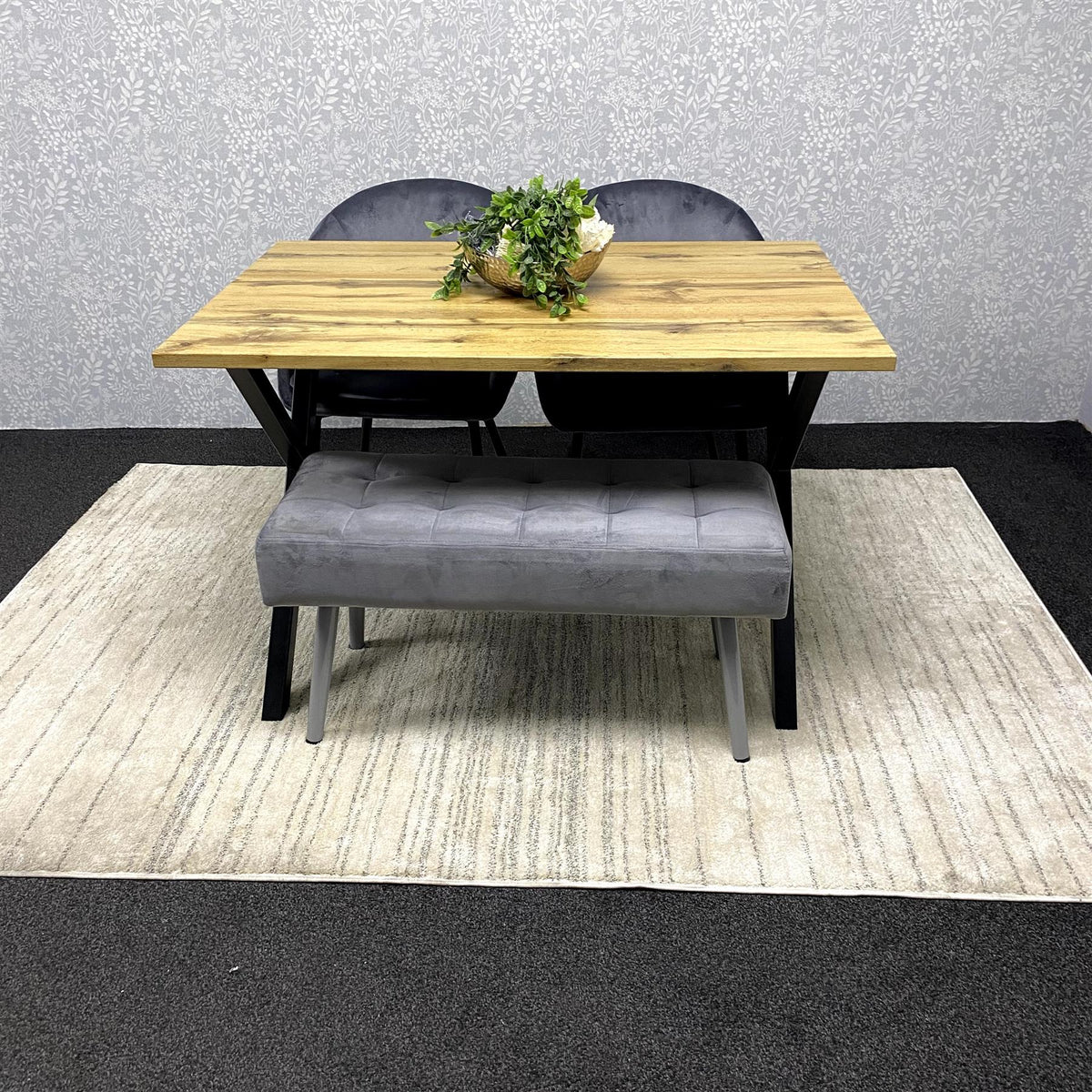 Modern Dining Table Set with Padded Bench and Grey Velvet Chairs – Wood Effect Tabletop with X-Shaped Metal Legs – Stylish Kitchen or Dining Room Furniture