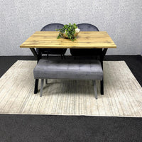 Modern Dining Table Set with Padded Bench and Grey Velvet Chairs – Wood Effect Tabletop with X-Shaped Metal Legs – Stylish Kitchen or Dining Room Furniture