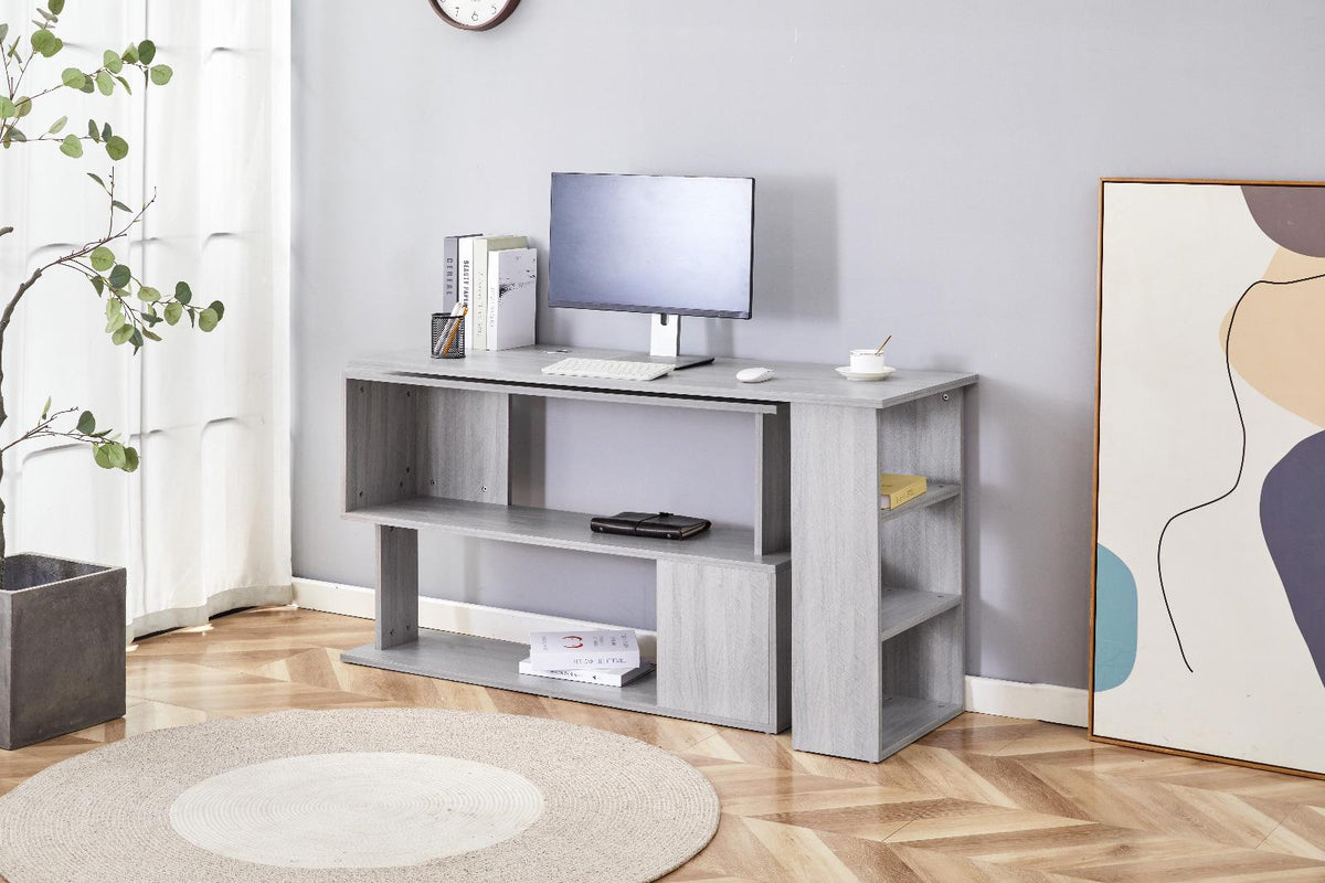 Grey Office Desk L-shaped with Black Velvet Upholstered Chair and Storage Drawers
