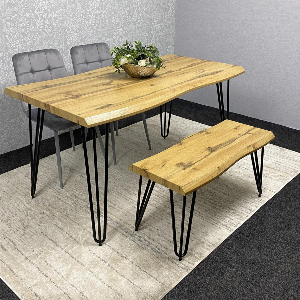 Brown Wooden Dining Table with 4 Grey Chairs and Bench - Dining Kitchen Room Furniture