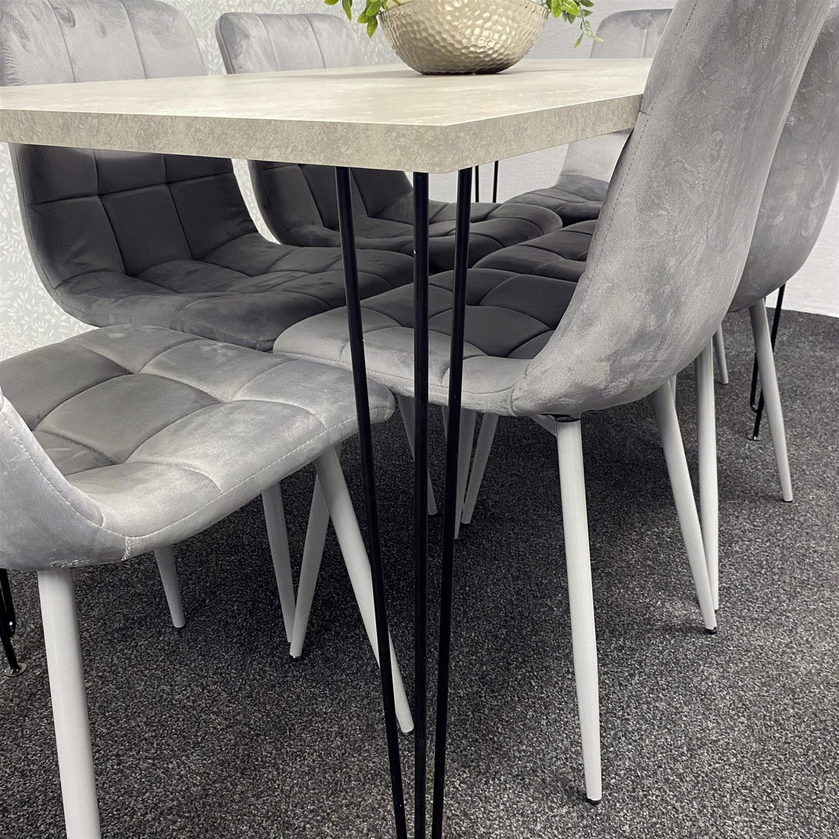 Grey Wooden Dining Table Hairpin Legs with 6 Grey Velvet Chairs - Dining Kitchen Room Furniture