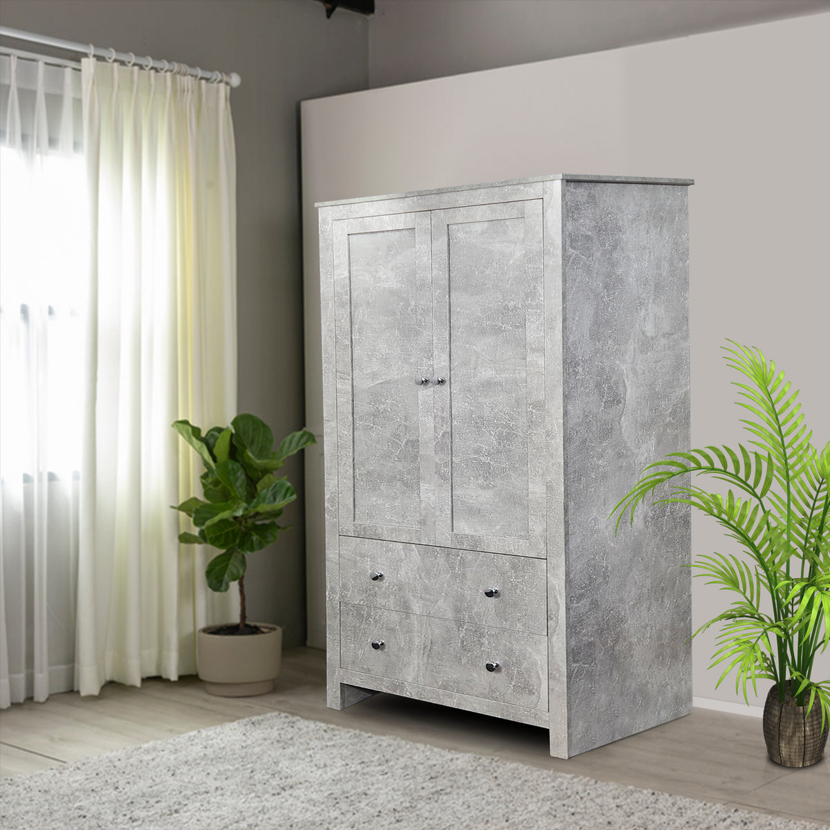 Grey Wardrobe Wooden 2 Doors With 2 Drawers Bedroom Storage Hanging Bar Clothes