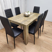 Dining Table and 6 Black Metal Leather Chairs Rustic Effect Wood Dining Room