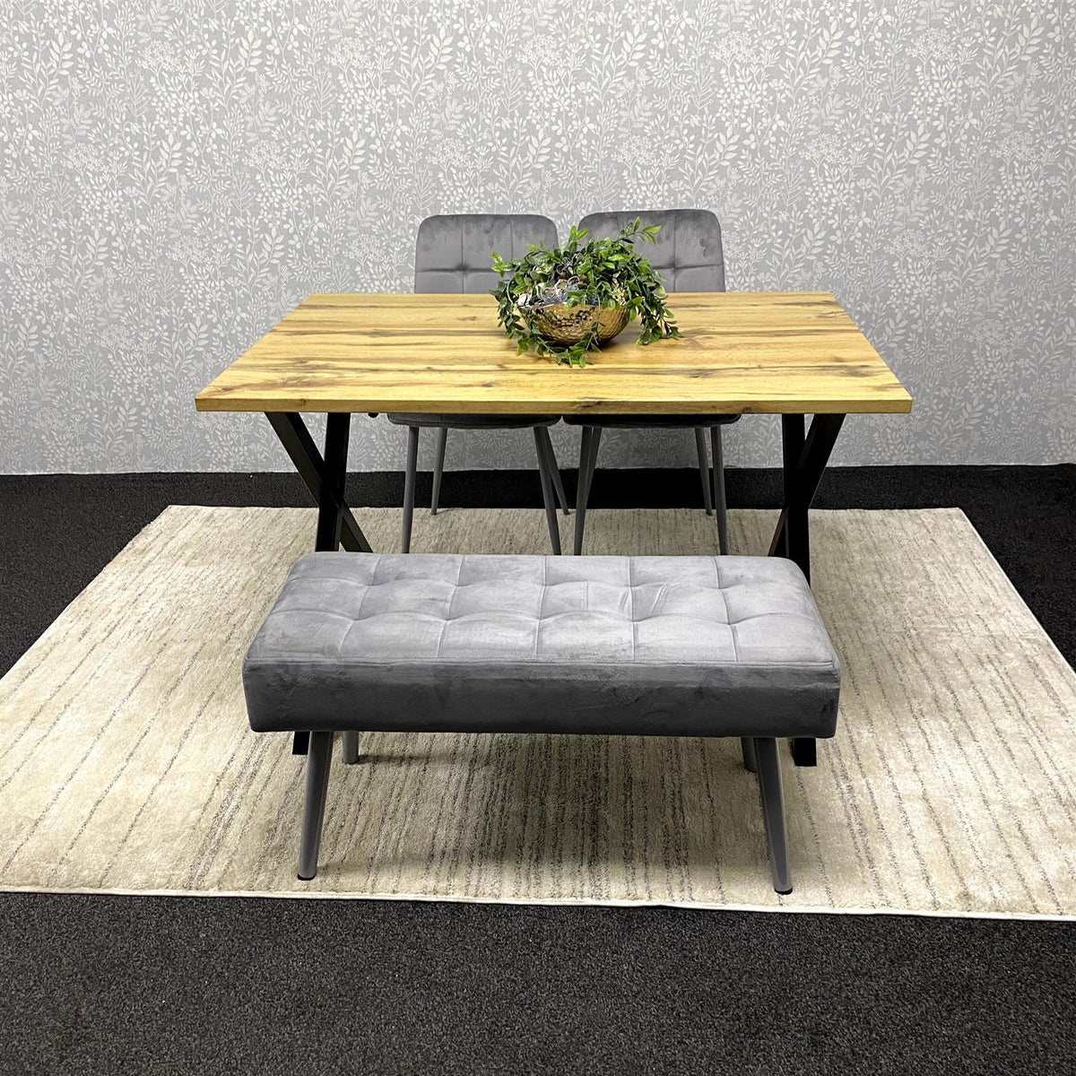 Modern Dining Table Set with Padded Bench and 2 Grey Velvet Chairs – Wood Effect Tabletop with X-Shaped Metal Legs – Stylish Kitchen or Dining Room Furniture