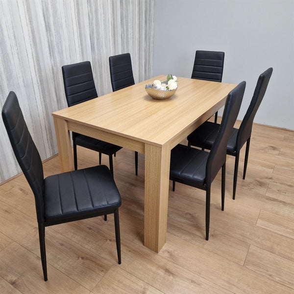 Dining Set of 6 Dining Table and 6 Black Faux Leather Chairs Dining Room Furniture
