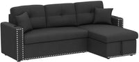 Sofabed 3 Seater Reversible Sectional Sofa Sleeper Set with Storage Chaise, Built-in Cupholder, Decorative Rivets, Pull-out Bed, and Dark Grey Fabric