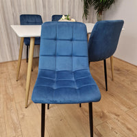 Wooden Dining Table Set for 4 White Wooden Table and 4 Blue Velvet Chairs