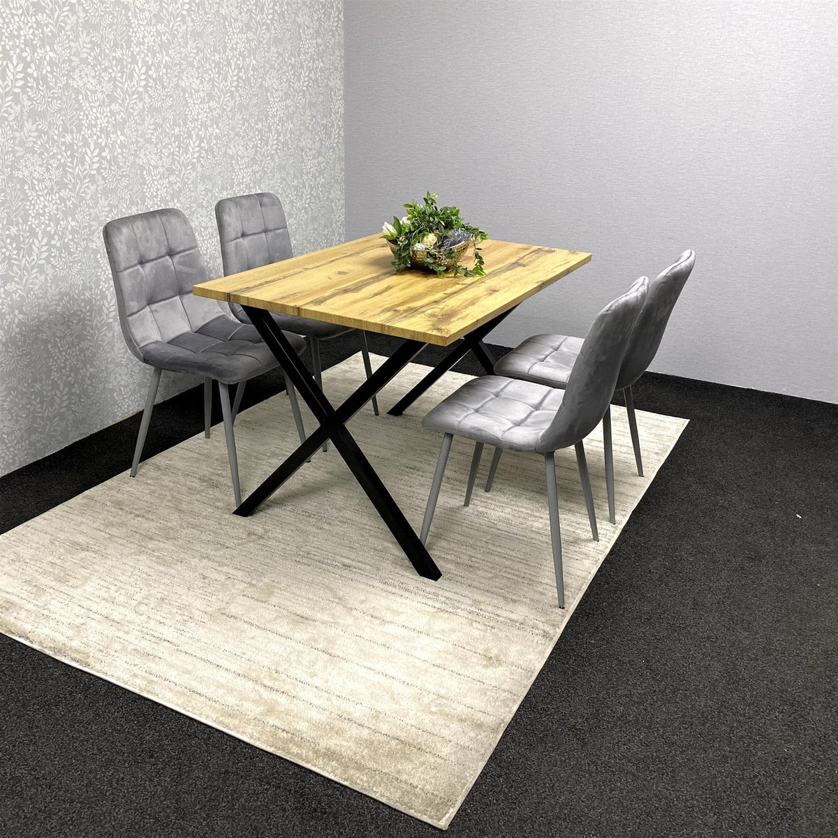 Modern Dining Table Set with  4 Grey Velvet Chairs – Wood Effect Tabletop with X-Shaped Metal Legs – Stylish Kitchen or Dining Room Furniture