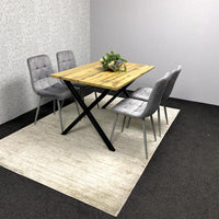 Modern Dining Table Set with  4 Grey Velvet Chairs – Wood Effect Tabletop with X-Shaped Metal Legs – Stylish Kitchen or Dining Room Furniture