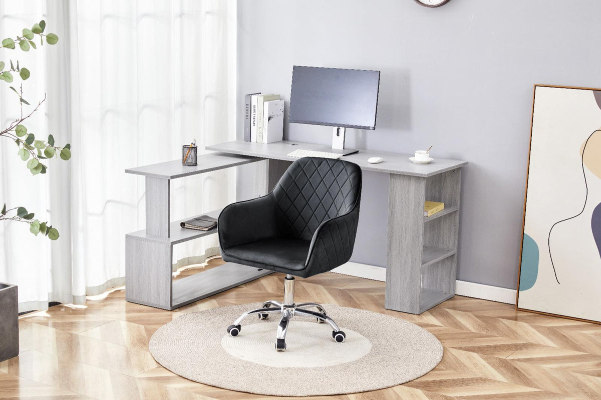Grey Office Desk with Black Velvet Upholstered Chair Wooden Room Furniture