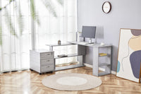 Grey Office Desk L-shaped with Grey Velvet Upholstered Chair and Storage Drawers