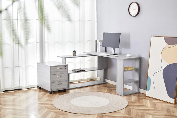 Grey Office Desk L-shaped with Grey Velvet Upholstered Chair and Storage Drawers