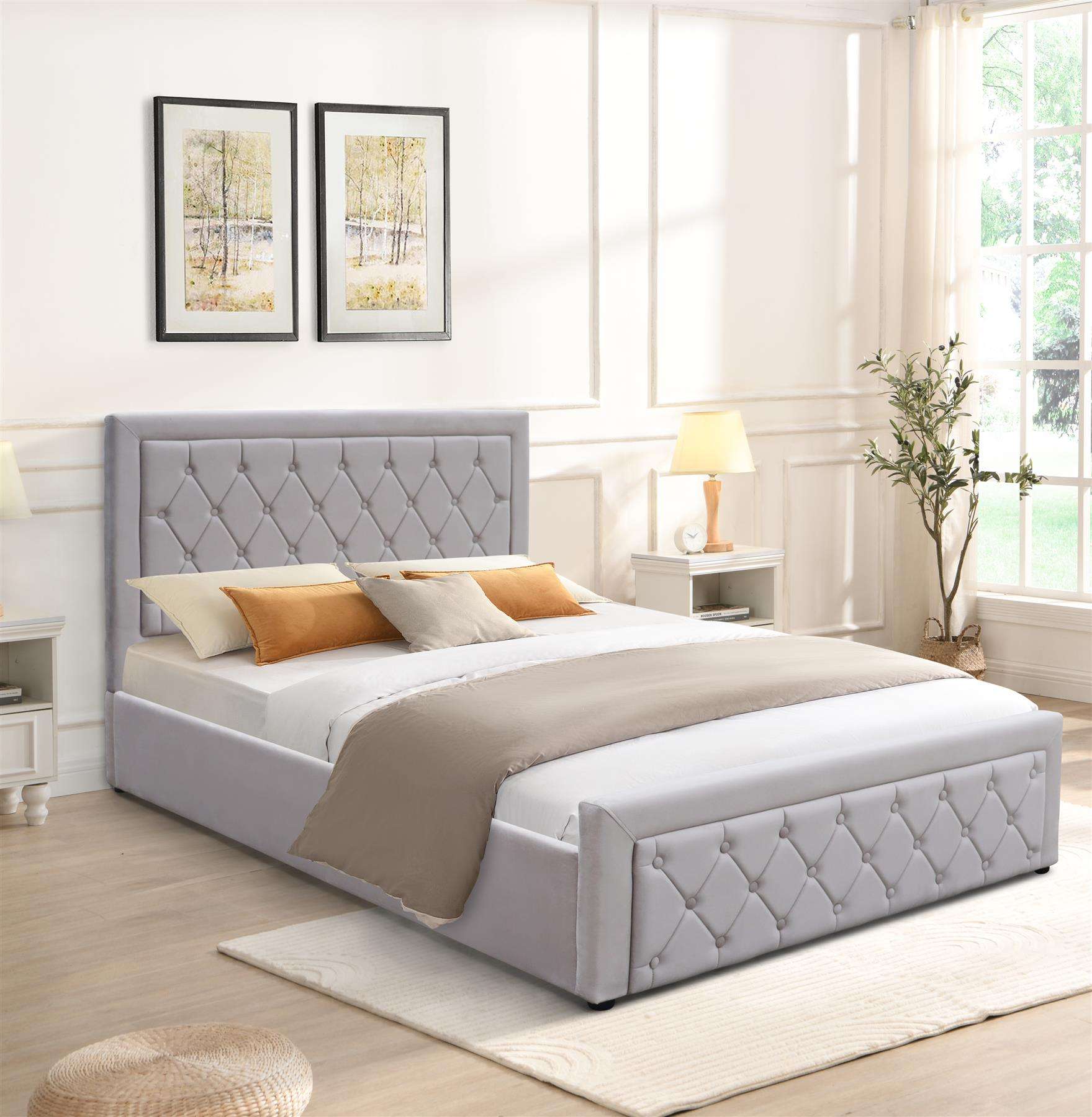 Ottoman Storage Gaslift Bed 4ft6 Double Grey Velvet With 4ft6 Memory Foam Mattress Bedroom Furniture