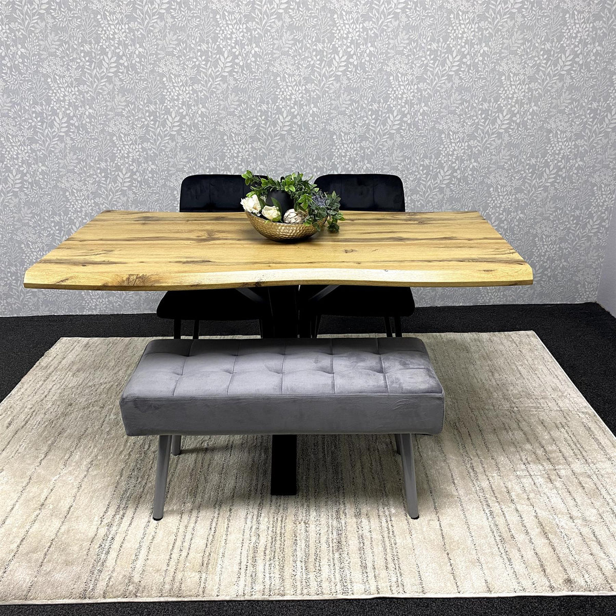Dining Set with Velvet Chairs and Iron-Legged Wooden Benches