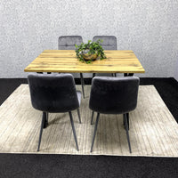 Modern Dining Table Set with  4 Grey Velvet Chairs – Wood Effect Tabletop with X-Shaped Metal Legs – Stylish Kitchen or Dining Room Furniture