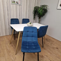Wooden Dining Table Set for 4 White Wooden Table and 4 Blue Velvet Chairs