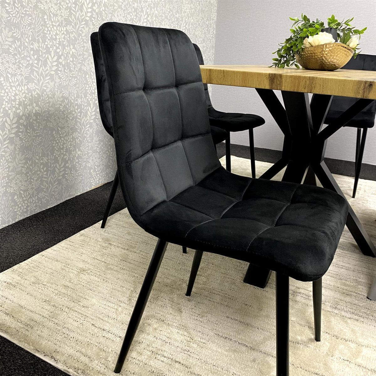 Wood Dining Set with Velvet Chairs & Grey Velvet Bench