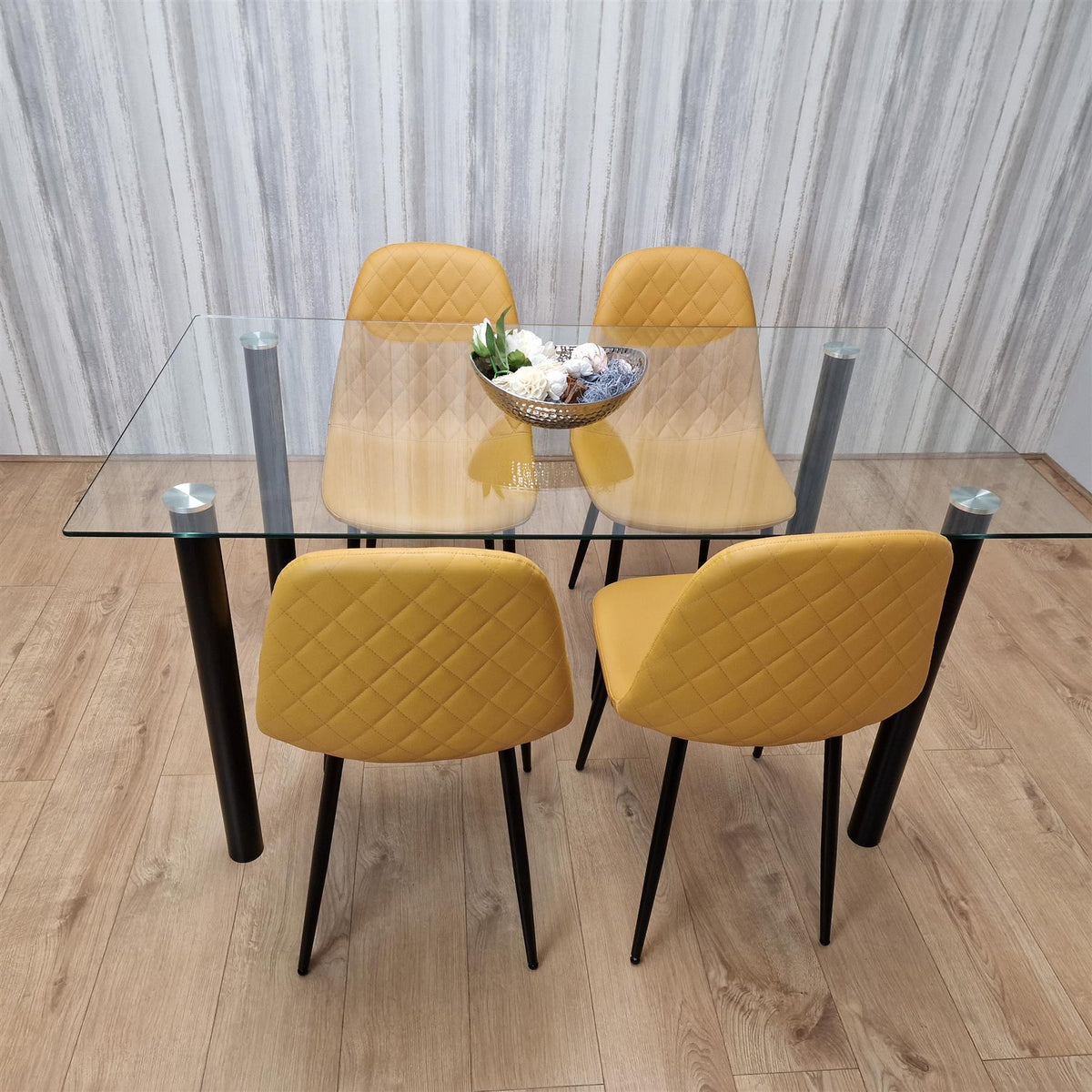 Glass Dining Table with 4 Mustard Chairs Dining Room Dining Table set for 4