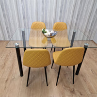 Glass Dining Table with 4 Mustard Chairs Dining Room Dining Table set for 4