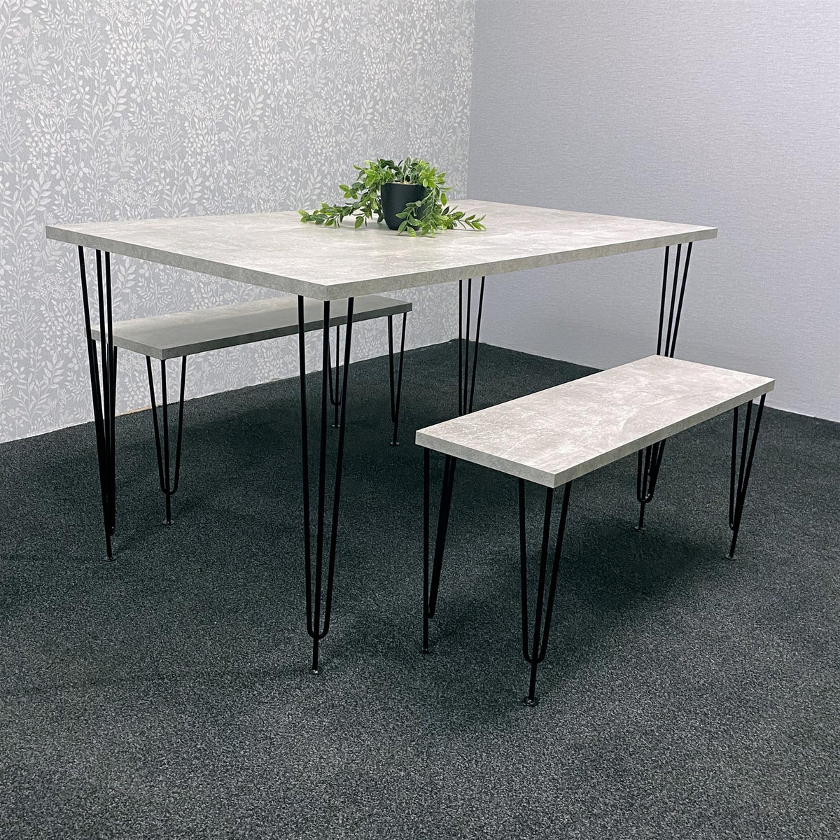 Grey Wooden Dining Table Hairpin Legs with 2 Benches - Dining Kitchen Room Furniture