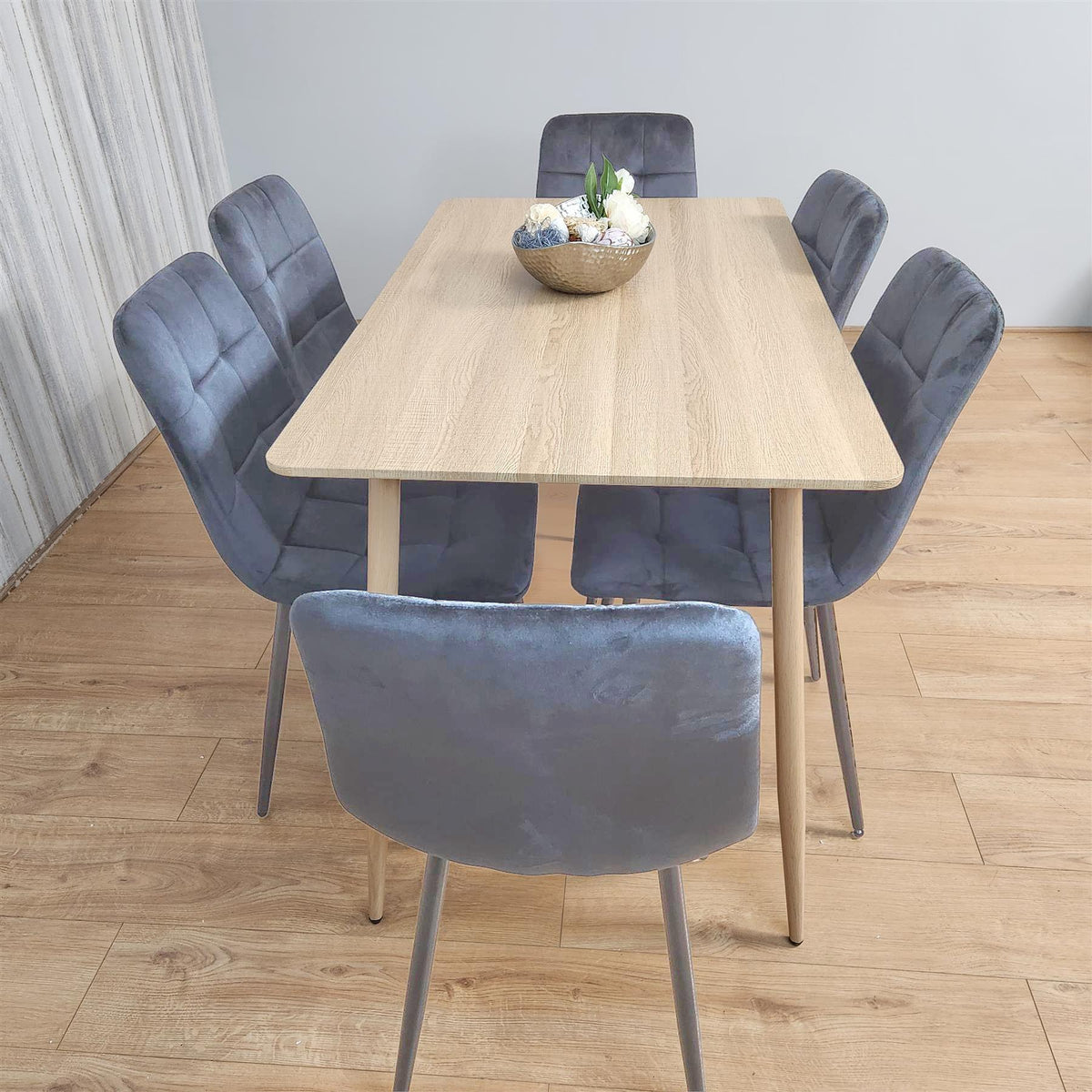 Beige Oak Design Dining Table Set with Velvet Chairs & Metal Legs