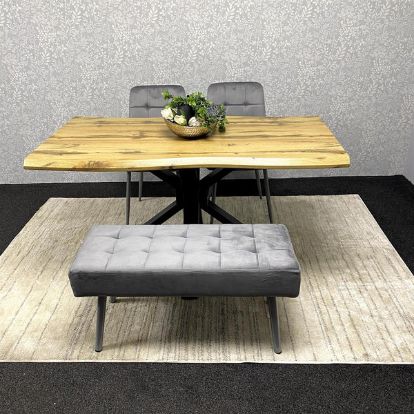 Wood Dining Set with Tufted Velvet Chairs & Grey Velvet Bench