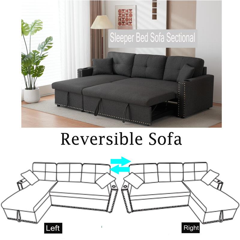Sofabed 3 Seater Reversible Sectional Sofa Sleeper Set with Storage Chaise, Built-in Cupholder, Decorative Rivets, Pull-out Bed, and Dark Grey Fabric