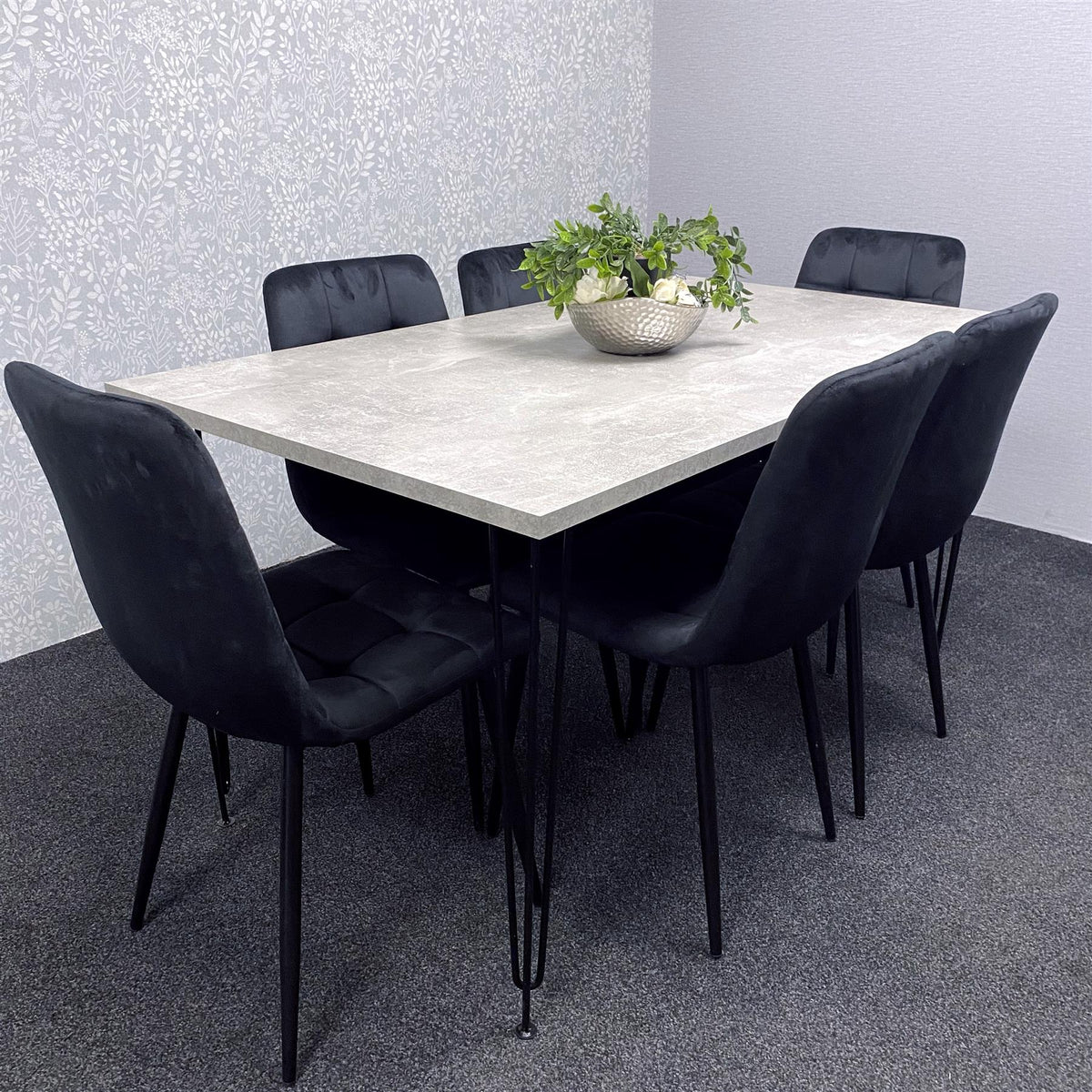 Grey Wooden Dining Table Hairpin Legs with 6 Black Velvet Chairs - Dining Kitchen Room Furniture