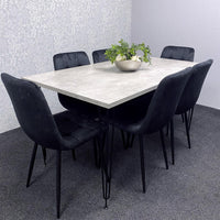 Grey Wooden Dining Table Hairpin Legs with 6 Black Velvet Chairs - Dining Kitchen Room Furniture