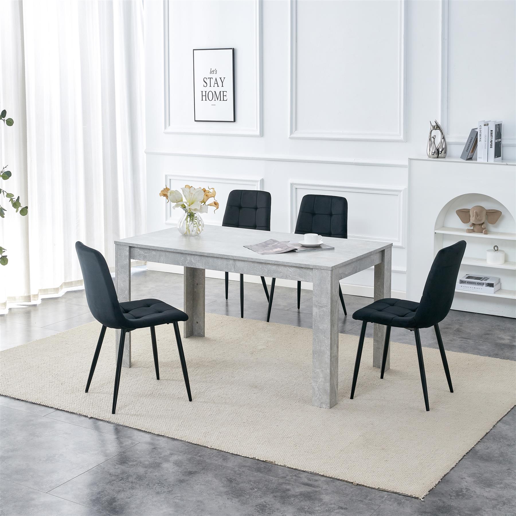Grey Dining Table with 4 Black Velvet Chairs - Dining Kitchen Room Furniture