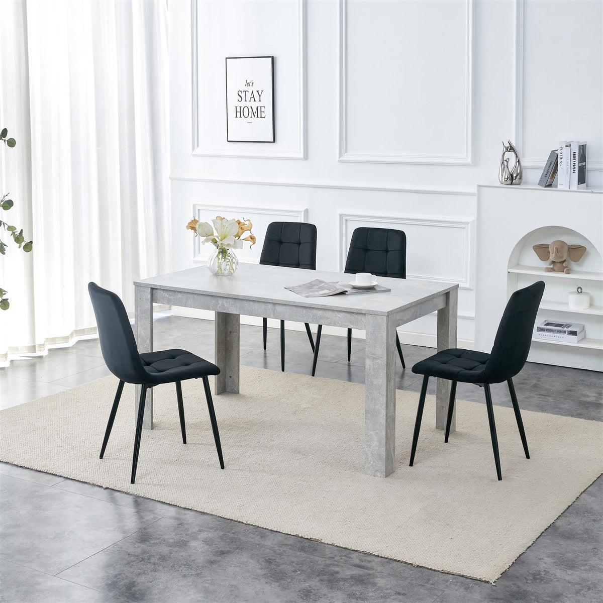 Dining Table with 4 Black Velvet Chairs Stone Grey Effect Wood Table Set for Dining Room