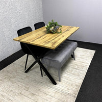 Modern Dining Table Set with Padded Bench and Black Velvet Chairs – Wood Effect Tabletop with X-Shaped Metal Legs – Stylish Kitchen or Dining Room Furniture