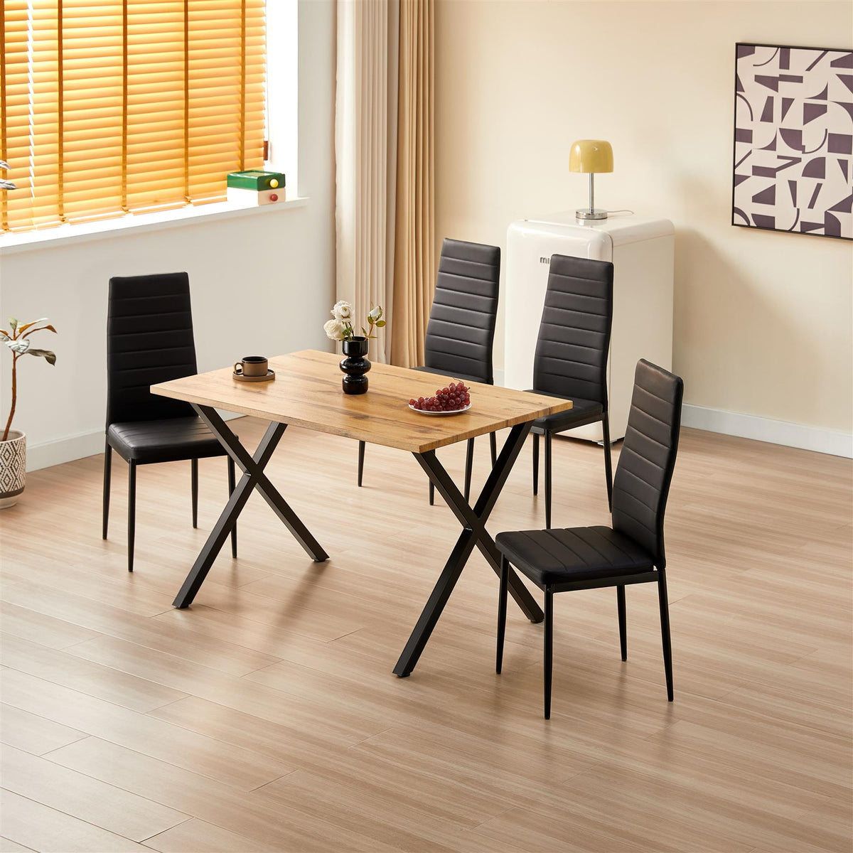 Brown Wooden Dining Table with 4 Black Leather Chairs - Dining Kitchen Room Furniture