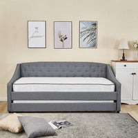 Daybed with Trundle Grey 3ft Single with 2 Mattresses Fabric Tufted Wooden Bedroom