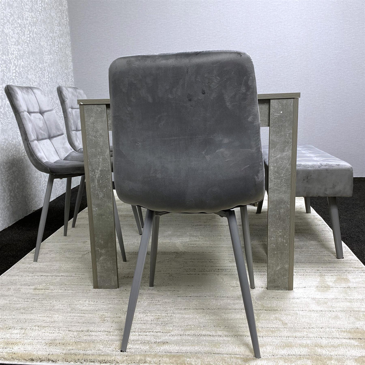 Grey Wooden Dining Table Set with 4 Grey Chairs and 1 Bench - Dining Kitchen Room Furniture