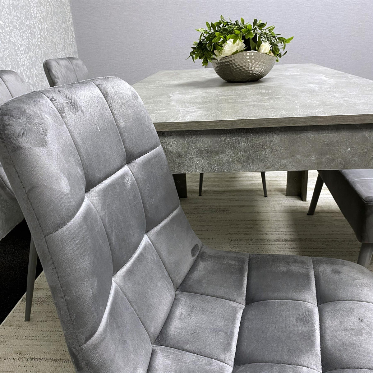 Grey Wooden Dining Table Set with 4 Grey Chairs and 1 Bench - Dining Kitchen Room Furniture
