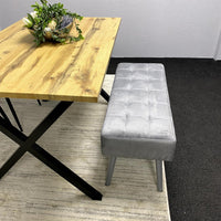 Modern Dining Table Set with Padded Bench and Black Velvet Chairs – Wood Effect Tabletop with X-Shaped Metal Legs – Stylish Kitchen or Dining Room Furniture