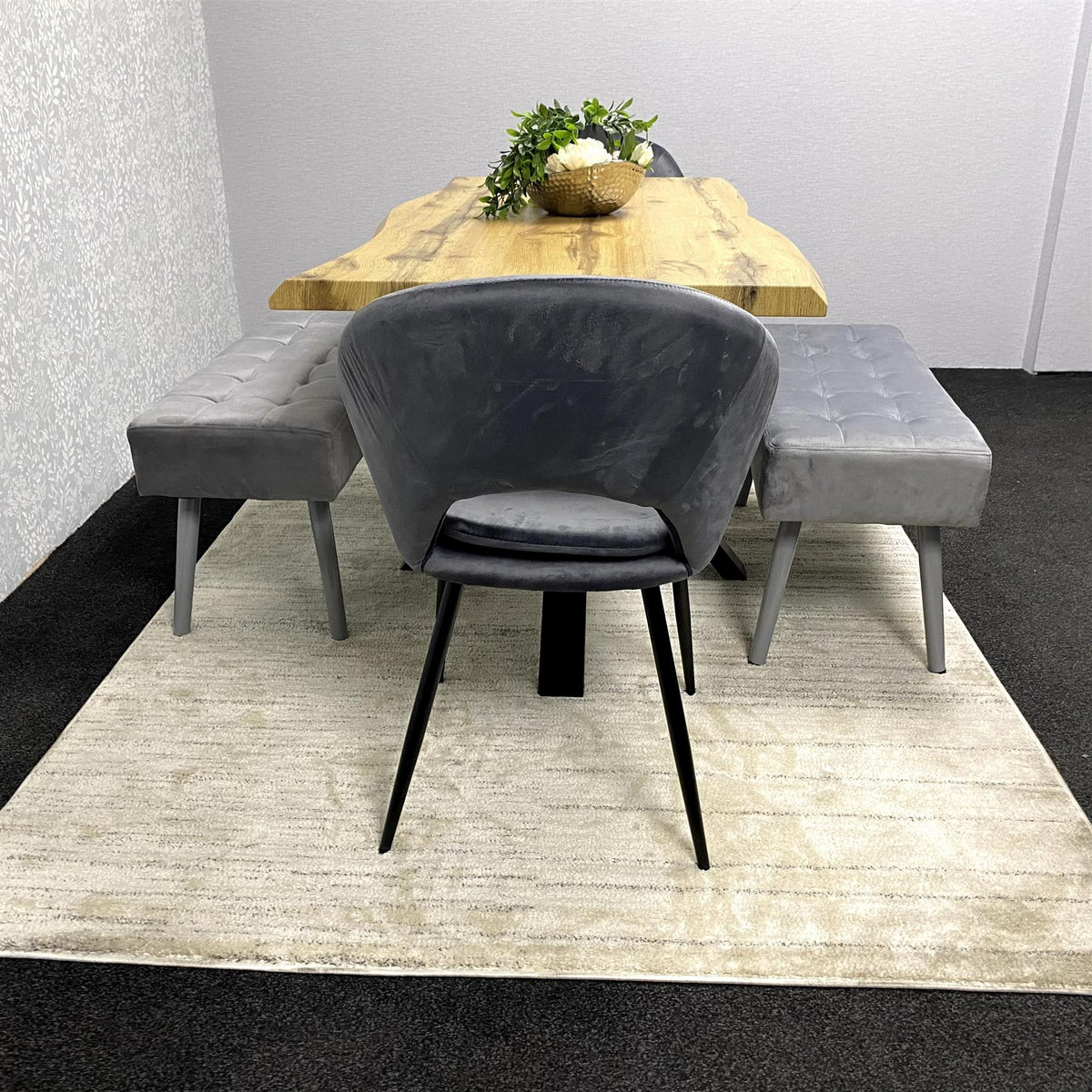 Wooden Rectangular Dining Table Set with Velvet Chairs & Wooden Benches