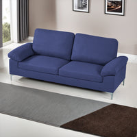 Modern Two Seater Sofa Blue Fabric with Chrome Feet - Comfortable Couch with Cushion for Living Room, Bedroom or Office