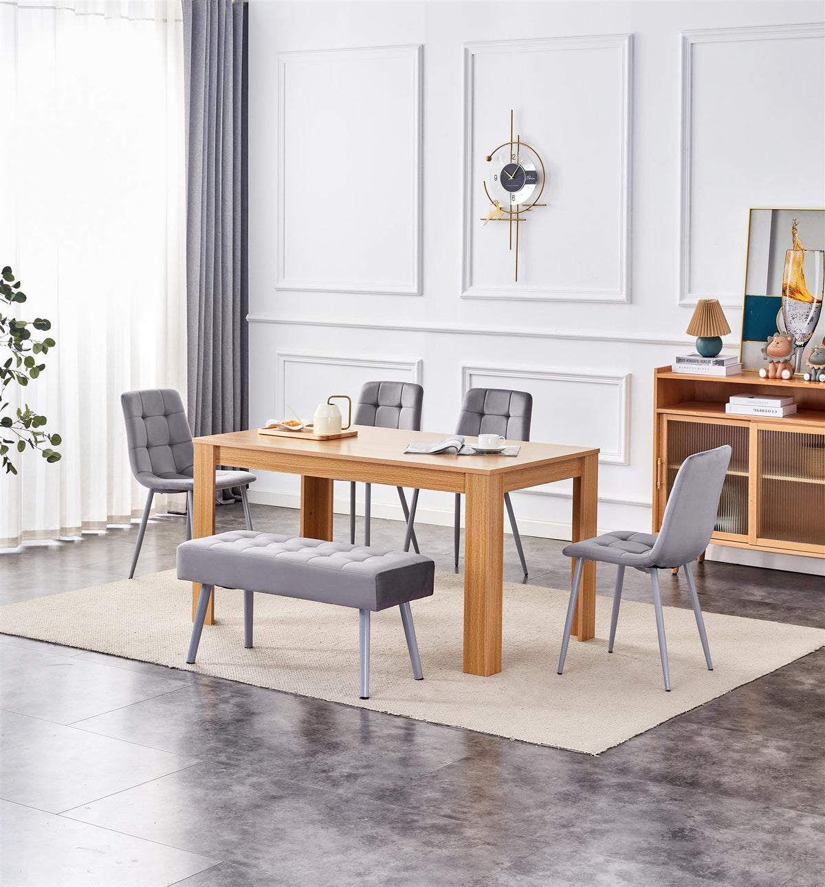 Dining Table and 4 Chairs With Bench Oak Effect Wood Table 4 Grey Velvet Chairs Dining Room