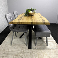 Dining Table with Grey Velvet Chairs and Modern Wooden Benches