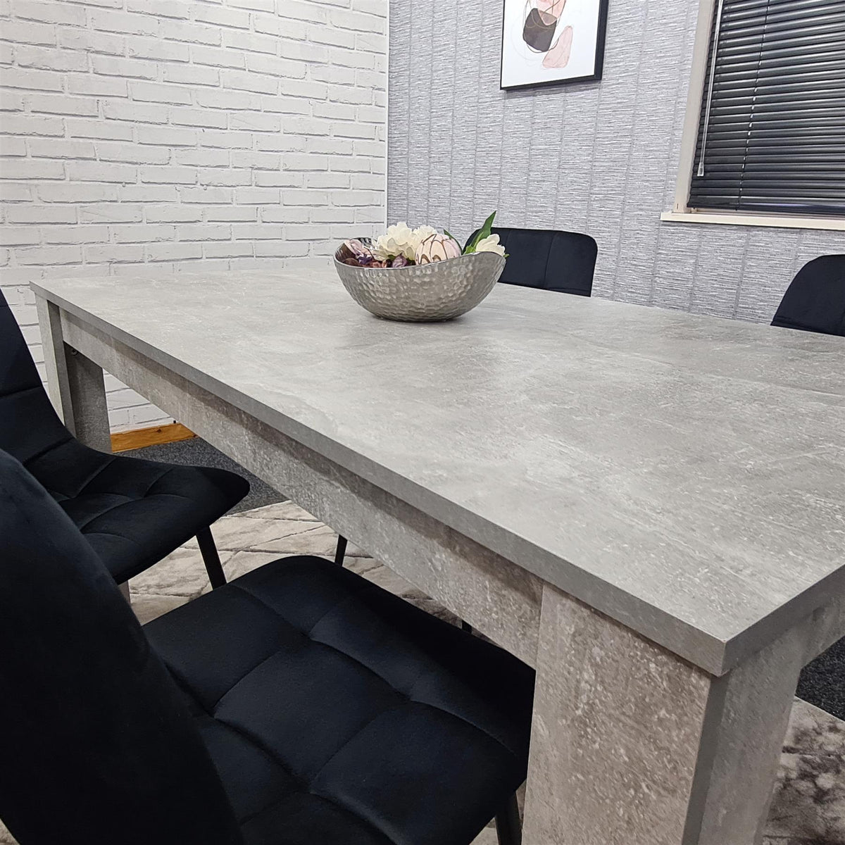 Dining Table with 4 Black Velvet Chairs Stone Grey Effect Wood Table Set for Dining Room