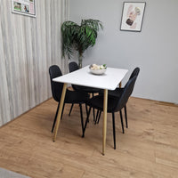 Dining Table Set of 4 Wooden White Table with 4 Black Gem Patterend Chairs